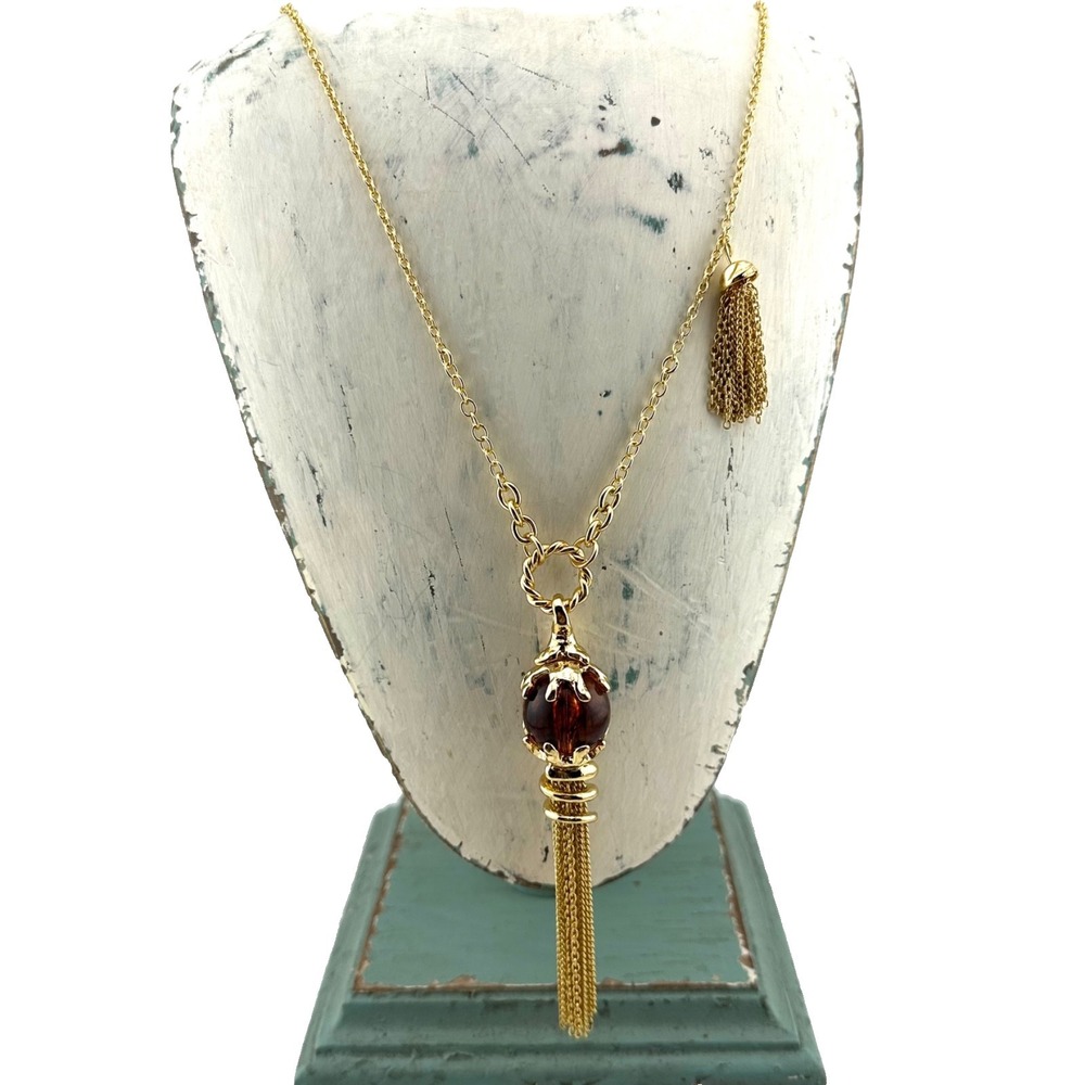 H&M‎ Amber Beaded Tassel Necklace Gold Tone Statement Necklace NWT